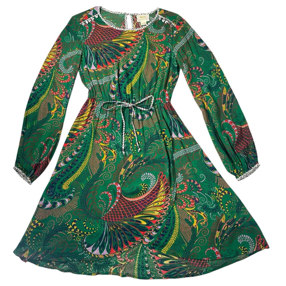 Maeve By Anthropologie Womens Janis Paisley Long Sleeve Dress size 0 Green Boho